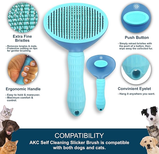 American Kennel Club AKC Self-Cleaning Pet Grooming Slicker Brush for Cats and Dogs, All Breeds and Coat Types