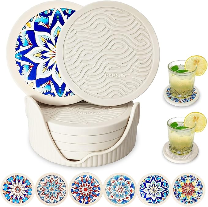 6-Pack Silicone Coasters with Deep Tray Holder - Double-Sided Drink Coasters - Beverage Mats for Hot or Cold Drinks - Thick, Non-Slip, Non-Stick Silicone with Ceramic Insert