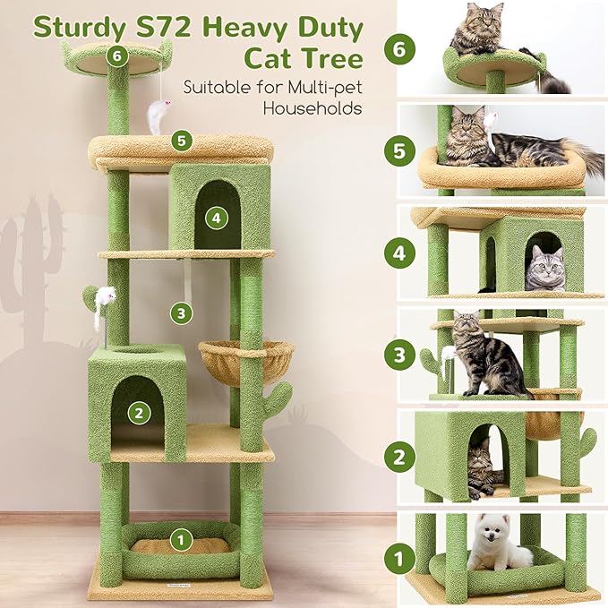 S72 Heavy Duty Cactus Cat Tree for Large Cats, Sturdy 72in Maine Coon Cat Tree for Large Cats 20 lbs+ Cactus Cat Tower for Adult Biggest Cats with 6 Scratching Posts, Hammock