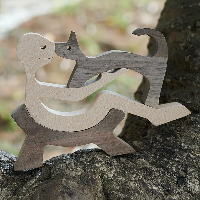 Animal Decor Wooden Statue Man and Cat Figurines Decor Carved Wood Decorative Sculpture