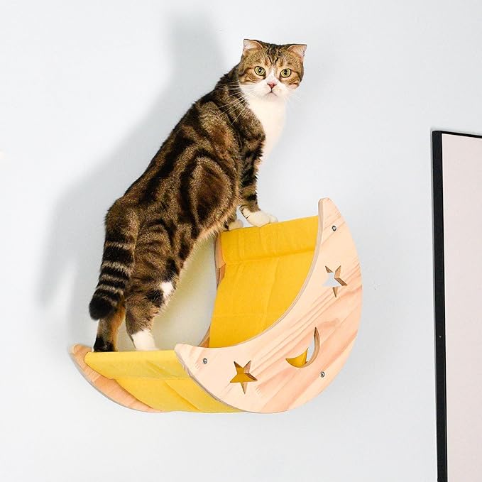 Cat Hammock Moon Bed Wall Mounted Shelf Cat Wall Shelves and Perches Solid Wood Cat Wall Furniture Cats Wall Bed for Cats and Kitty Easy Installation-Single Moon