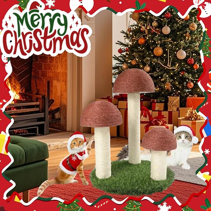 PowerKing Cat Scratching Post, Mushroom Claw Scratching Post for Cat, Natural Sisal Cat Scratchers with 3 Mushroom Pole, Cat Interactive Toys