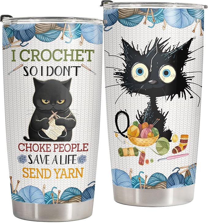 34HD Black Cat Tumbler with Lid, 20oz Vacuum Insulated Cat Coffee Cup, I Crochet So I Dont Choke People Mug, Crochet Lover Gifts for Birthday Mothers Day Christmas