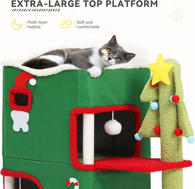 YITAHOME Christmas 2-Tier Cat House, Indoor Cat Cave Bed Playhouse, Covered Cat Beds & Furniture with Scratch Pad and Hideaway Cave,Christmas Cute Modern Cat Condo Furniture for Multi Small Cats