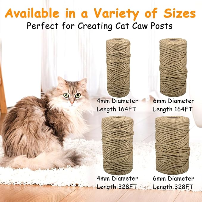 Jute Rope for Cat Scratch Post 1/6" mm Diameter 164 FT Cat Natural Hemp Rope Cat Tower Repair Rope Cat Tree Rope Replacement Recovering and DIY