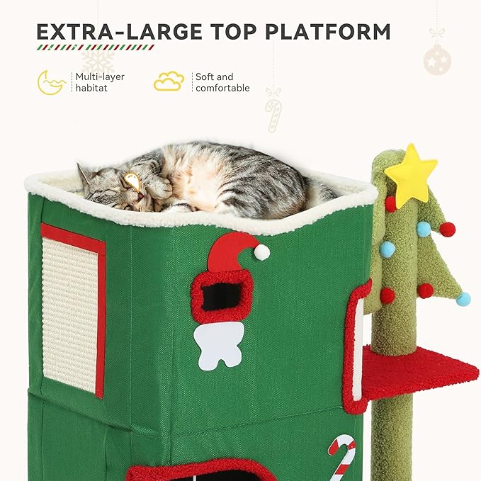 YITAHOME Christmas 3-Tier Cat House, Indoor Cat Cave Bed Playhouse, Covered Cat Beds & Furniture with Scratch Pad and Hideaway Cave,Christmas Cute Modern Cat Condo Furniture for Multi Small Cats