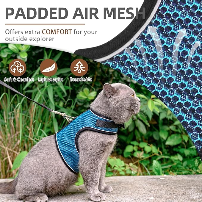 PUPTECK Soft Mesh Cat Vest Harness and Leash Set Puppy Padded Pet Harnesses Escape Proof for Cats Small Dogs (Large, Lake Blue)