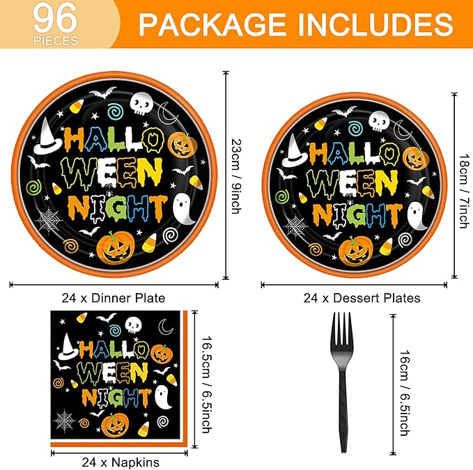 96 Pcs Halloween Paper Plates and Napkins Forks, Disposable Party Dessert Tableware Supplies Decorations Birthday Table Dinnerware Favors Set, Serves 24