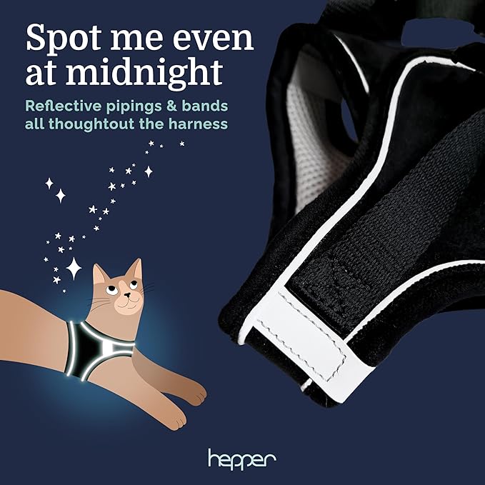 Hepper Cat Harness and Leash Escape Proof Set - Black Tactical Cat Harness with Reflective Safety Strips - Kitten or Cat Vest/Cat Jacket/Cat Walker (XS)