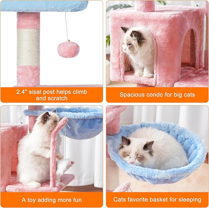 Heybly Cat Tree with Toy, Cat Tower condo for Indoor Cats, Cat House with Padded Plush Perch, Cozy Hammock and Sisal Scratching Posts, Blue and Pink HCT004SBP