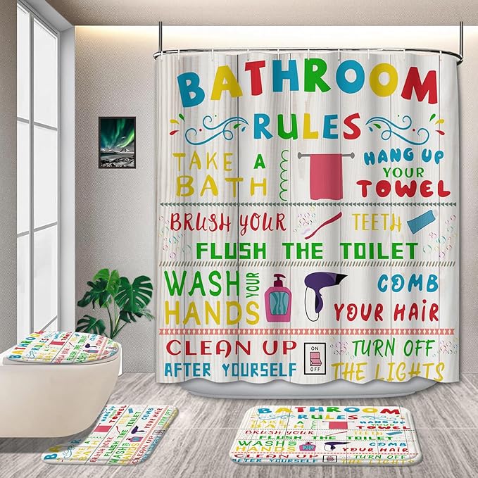 4 Pcs Kids Shower Curtain Sets with Non-Slip Rugs, Funny Teen Boy Girl with Inspirational Text, Cute Colorful Bathroom Rules Fabric Shower Curtain Restroom Bathtub Decor Accessories 72X 72in