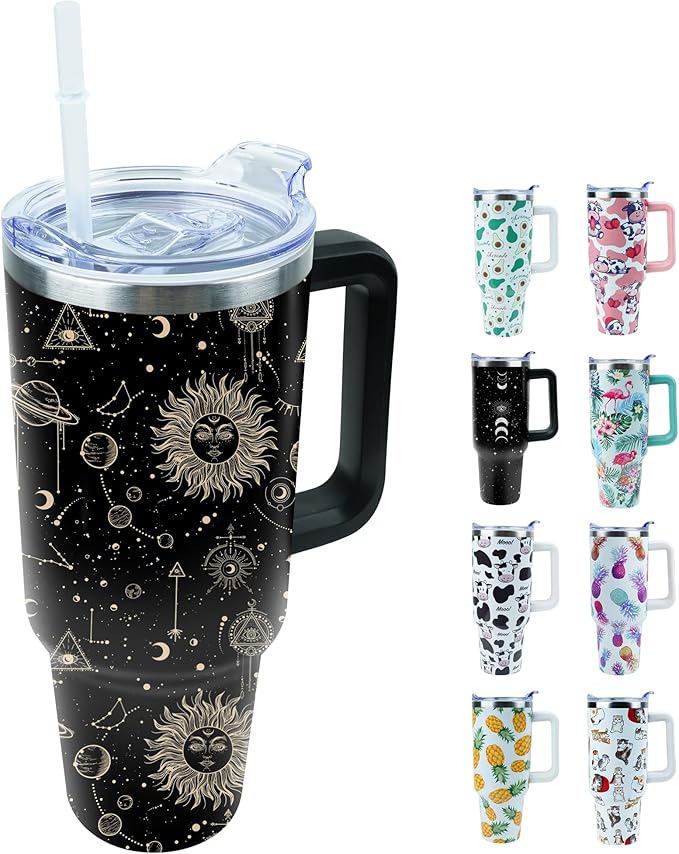 40 oz Tumbler with Handle and Straw, Stainless Steel Insulated Cup with Leak Proof Lid and Straw Lid, Keep Drinks Cold and Hot for Hours(Sun Moon)