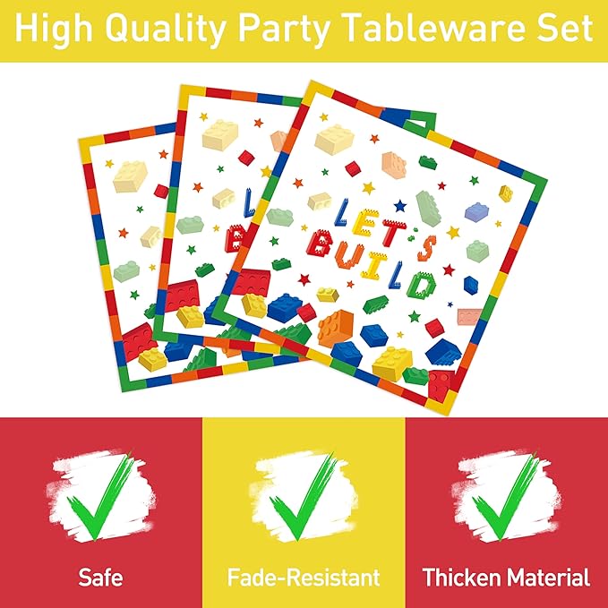 96 Pcs Building Block Party Plates Napkins Forks Supplies Favors Tableware Set Disposable Paper Birthday Decorations for Boys, Serves 24 Guests
