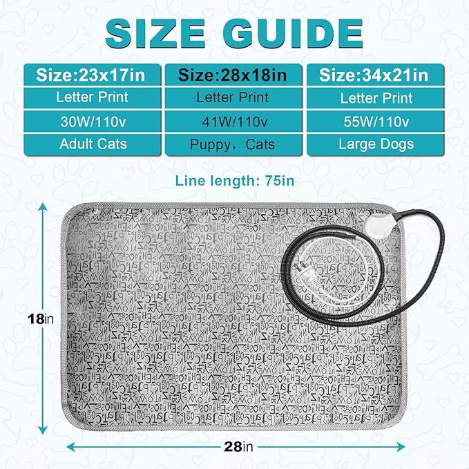 Dog Heating Pad, Pet Heated Mats Puppy Heating Pad for Winter, Whelping Box,Waterproof Heated Pet Bed Mat for Dogs with Chew Resistant Steel Cord(Letter, 28 * 18in)