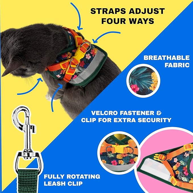 Travel Cat Harness and Leash Set - Adjustable Fit Mesh Cat Harness and Reflective Strap - Comfort Escape Proof Harness for Cats, Kitten for Outdoor Walking, Hiking (XS, Hawaiian)