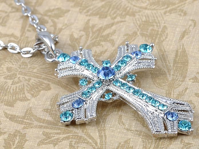Alilang Silvery Tone Religious Cross Pendant Necklace w/Aquamarine Blue Or Clear Crystal Rhinestones