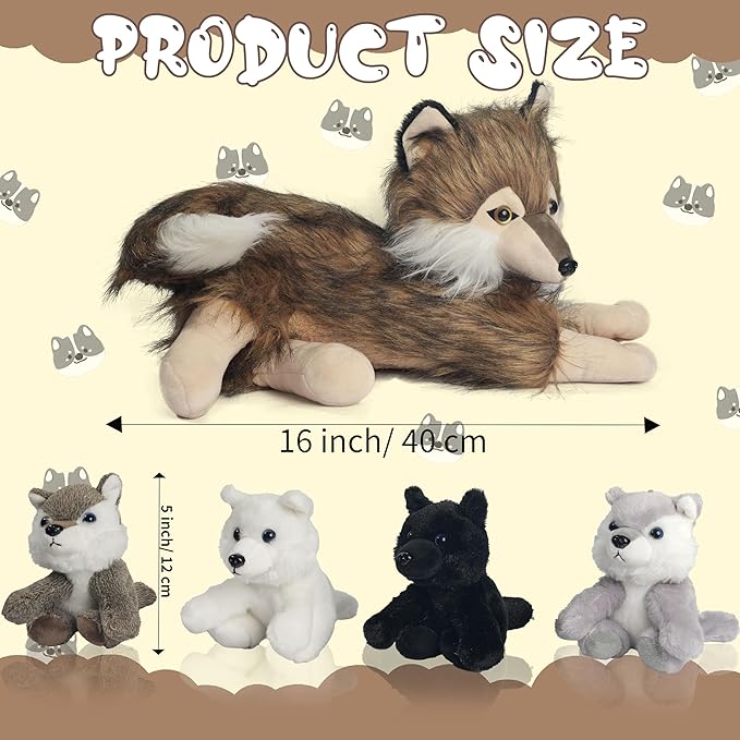 5 Pcs Wolf Stuffed Animal Plush Toy, 16 Inch Mommy Stuffed Wolf with 4 Baby Wolves in Her Zippered Pouch,Cute Nurturing Wolves Plushies for Kids Boys Girls Easter Birthday Gifts Party Decoration