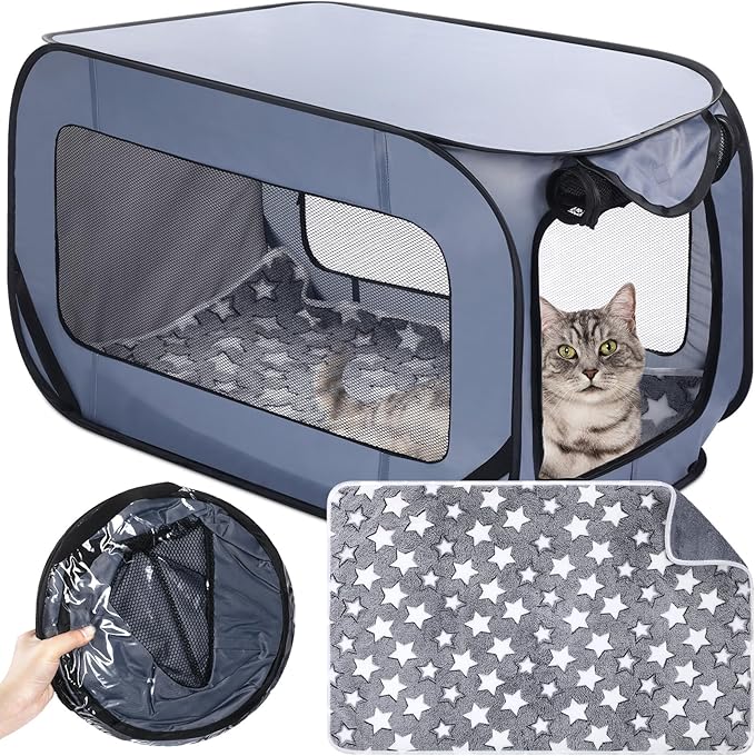 37 Inch Portable Cat Dog Crate with Mat Liner Pop up Dog Kennel Pet Tent Car Seat Travel Kennel Bed for Indoor Outdoor Waterproof Pet Crate Cage for Large Cat Medium Puppy Camping(Gray)