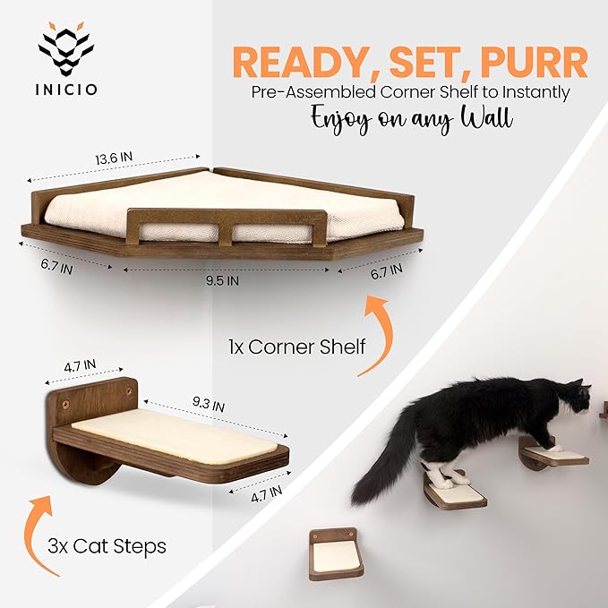 Cat Wall Shelves - Cat Shelves for Wall, Cat Shelf w/Cat Wall Steps, Cat Shelf for Wall - Corner Cat Shelf, Cat Shelves with Cat Wall Bed