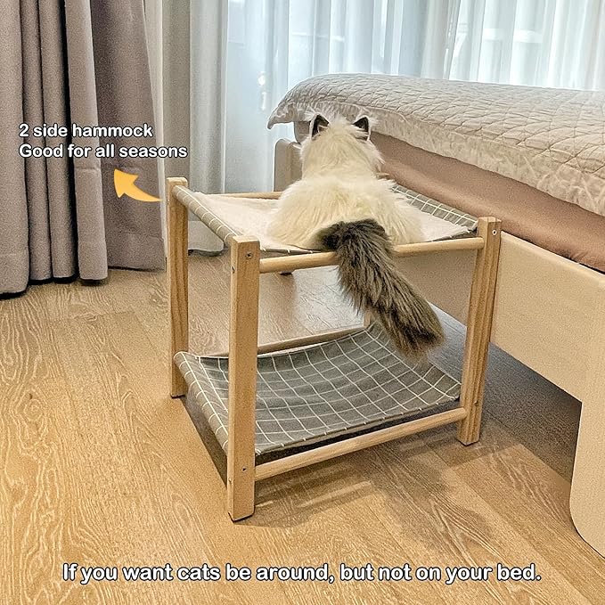 2 Layer Cat Hammock Bed for Indoor Cats, 17.0''×17.0'' Big Size Cat Hammock, Pine Wood Elevated Cat Bed, Good for All Seasons(Grey)