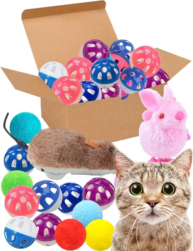 27 Pcs Cat Toys for Indoor Cats - Assorted Variety Pack with Wind-Up Mouse and Chicken, Bell Balls, and Plush Spheres for Endless Active Fun and Engagement