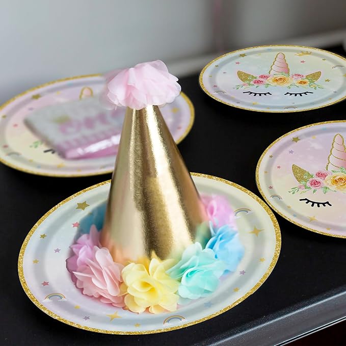 96 Pcs Birthday Plates and Napkins Party Supplies, Gold Horned Horse Disposable Forks Paper Dessert Tableware Decorations Table Dinnerware Favors Set, Serves 24