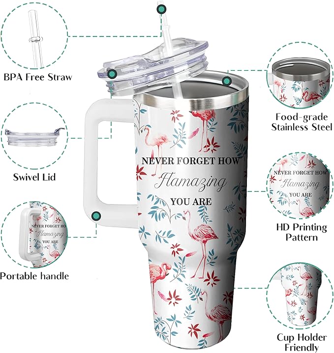 40 Oz Flamingo Tumbler with Handle and Straw, Flamingo Cup Double Wall Stainless Steel Flamingo Mug, Insulated Flamingo Coffee Cup, 40 Oz Flamingo Drinking Cup as Flamingo Gifts for Women