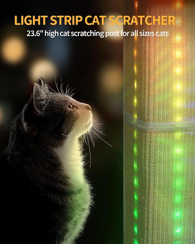 39-Inch Cat Scratching Post Tower with Bed, Cat Tower with LED Light Strip, Cat Scratcher Post with Woven Sisal, Condo, Pompom, Light Gray MS99018LG