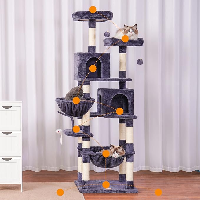 Heybly Cat Tree, 70 inches Tall Cat Tower condo with Toy for Indoor Large Cats, Cat House Furniture with Padded Plush Perch, Cozy Hammock and Sisal Scratching Posts,Smoky Gray HCT032G
