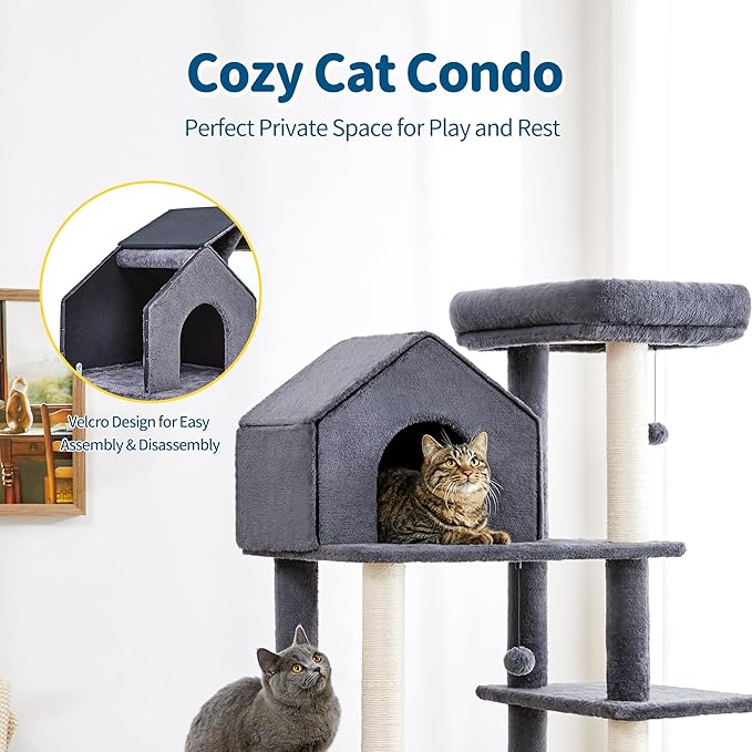 Made4Pets 60 inch Cat Tower for Indoor Cats, Multi-Level Cat Tree with Plush Hammock, Cozy Cat House, Scratching Posts, Top Perch, and 2 Hanging Balls