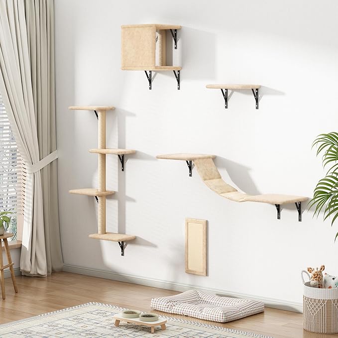 COZIWOW Cat Wall Shelves, Wall-Mounted Cat Climber Set of 5, Floating Cat Perches, Hanging Cat Beds, Modern Cat Furniture for Large Cats or Kitty (Beige)