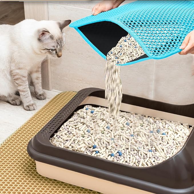 2025 𝗡𝗘𝗪 Waterproof Cat Litter Mat | Double Layer EVA, Odor-Free Large Grid | Urine Proof & Easy Cleanup | Soft on Paws | Versatile Design for Litter and Feeding (Blue, 27×47)