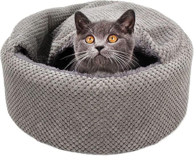 Winsterch Washable Cat Bed - Round Soft, Cozy & Warming for Indoor Cats. Calming Kitten Pet Bed. Small Cat Pet Covered Cat Cave Beds (Gray,12.59 x 12.59 x 5.91 in)