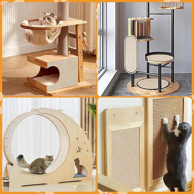 118”x15.8” Trimmable Cat Scratching Post Carpet Cover Cat Scratcher Mat Self-Adhesive Cat Tree Shelves Replacement Parts Mat with 5M Cable Tie Couch Furniture Protector for Indoor Cats (Brown)