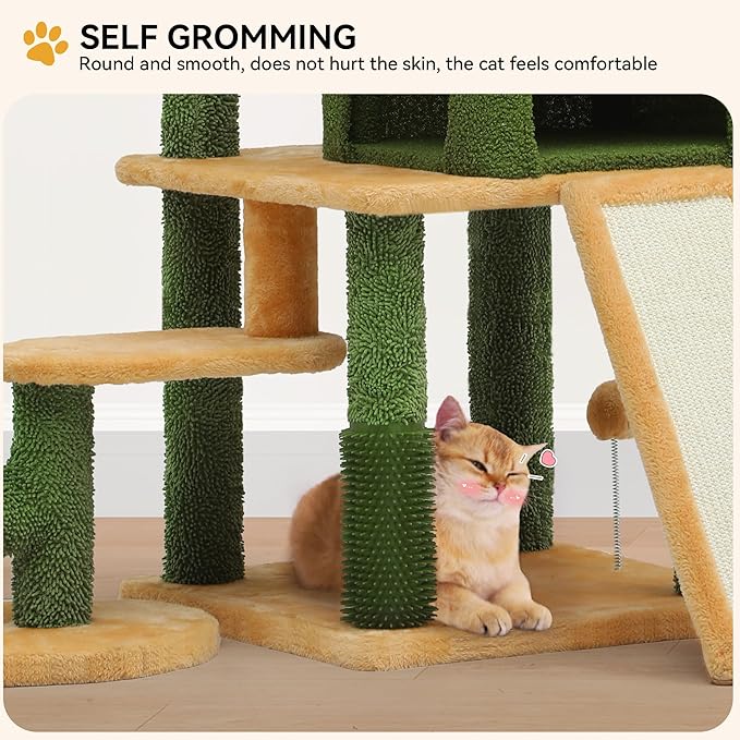 YITAHOME Tall Cactus Cat Tree Tower with Self-Grooming Brush, 60in Cute Cat Climbing Tower for Indoor Cats with Cat Condo, Top Perch, Basktet, Sisal Scratching Posts and Board,Toy Balls