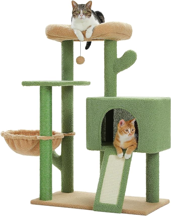 PAWZ Road 41 Inches Cactus Cat Tower with Sisal Covered Scratching Post and Cozy Condo for Indoor Cats, Cat Climbing Stand with Plush Perch &Soft Hammock for Multi-Level Cat Play House