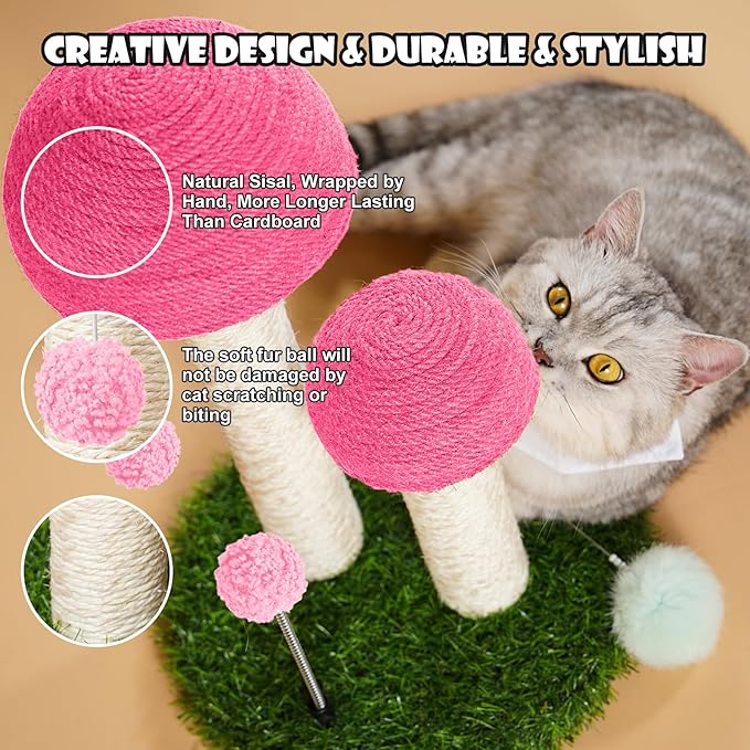 Odoland Cat Scratching Post Mushroom Natural Durable Sisal Board Scratcher for Kitty’s Health and Good Behavior, Furniture Scratch Deterrent Accessories for Cats Pink