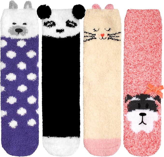 BambooMN Super Soft Warm Cute Furry Animal Non-Slip Fuzzy Cozy Fluffly Crew Winter Home Socks, Value Pack