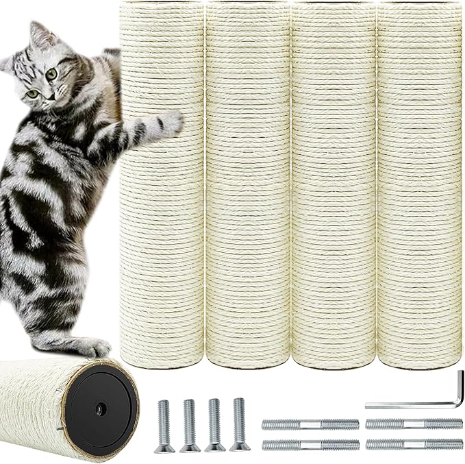 Cat Scratching Post Replacement Pole，4 PCS 11.81in Cat Tree Replacement Post，Natural Sisal Cat Tree Replacement Parts with M8 Screws，Cat Scratch Post Replacement for Refurbishment