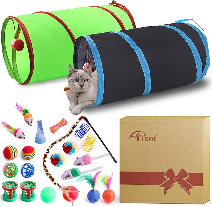 23PCS Assortment of Cat Toys -Foldable Spiral Cat Tunnel,Cat Spring,Mice,Cat Interactive Feather Teaser Wand Ball Toy, Colorful Balls & Bells for Kittens, Cats, and Puppies!