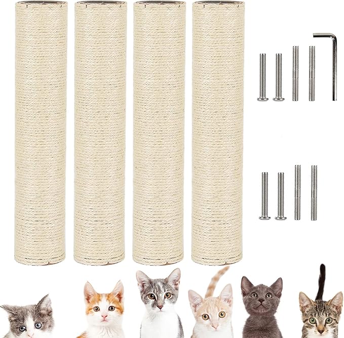 VCEPJH Cat Scratching Post Replacement for Indoor Cats 4Pcs 15.7in Cat Scratch Post Refill Pole Parts Sisal Rope Cat Furniture Protector with M8 Screws for Cat Tree Tower (White)
