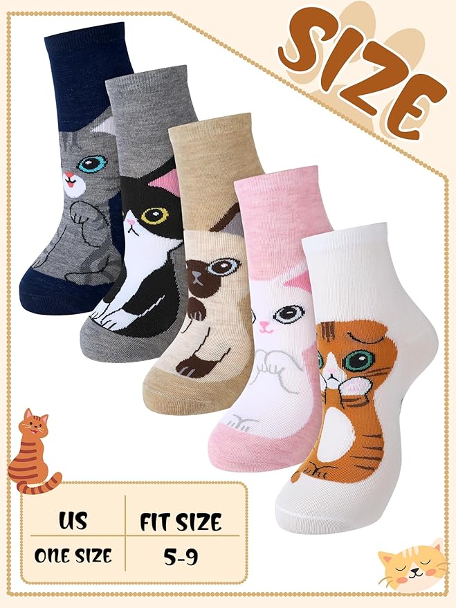 5 Pairs Women Cat Socks Cute Animal Pattern Socks for Women Funny Kitty Ankle Sock Ladies Soft Cotton Gift Socks