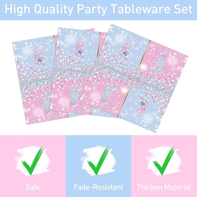 96 Pcs Gender Reveal Party Plates Napkins Forks Decorations Tableware Set Supplies Disposable Paper Boy or Girl Gender Footprint Favors, Serves 24 Guests