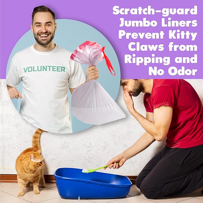 Alfapet Litter Box Liner Flat Bottom Pack of 10 - Super Heavy Duty Kitty cat Litter Bags with Drawstring for Poop and Liquid Waste - Jumbo Design for Extra Large Cat Pans