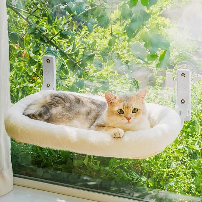 Mewoo Cat Window Perch, Cordless Cat Window Hammock with 4 Strong Suction Cups, Embeded Cat Hammock for Window, Steel Frame and Removable Soft Cover (Off White, Medium)