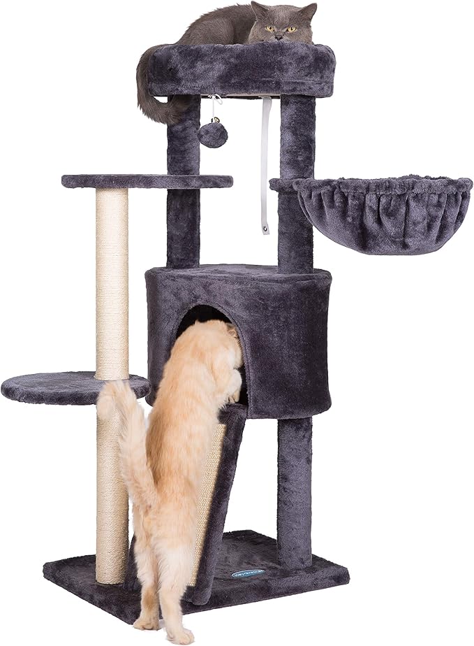 Hey-brother Cat Tree with Scratching Board, Cat Tower with Padded Plush Perch and Cozy Basket, Multi-Platform for Jump, Smoky Gray MPJ005G