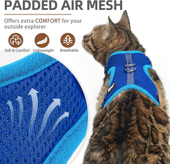 PUPTECK Cat Harness and Leash Set Escape Proof, Reflective Adjustable Soft Mesh Kitten Vest Harness for Walking Travel, Navy Blue, M