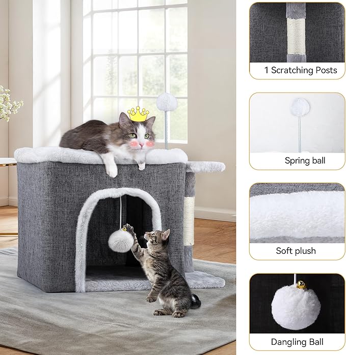 YITAHOME Cat Bed for Indoor Cats Cube House, Covered Cat House with Fluffy Ball Hanging and Nature Sisal Post,Cat Cave Bed Playhouse, Cute Cat Condo for Multi Small Pet Kitten, Grey