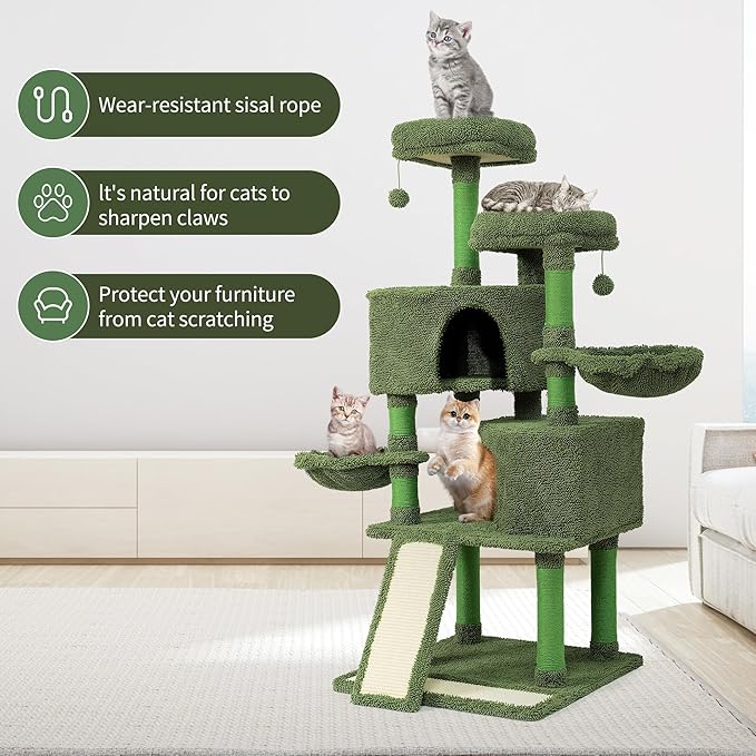 Mile High Life | Multi-Level Cat Tree Condo 58" for Large Cats | Hammock and Sisal Covered Scratching Post Tree for Kittens | Tall Cat Climbing Stand with Cute Hanging Ball & Toys for Play Houses