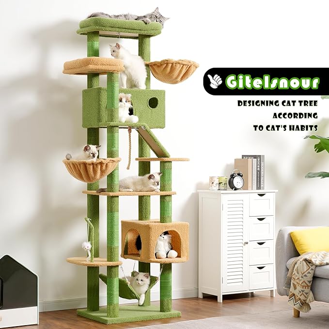 Cactus Cat Tree for Large Cats, 78.7"(200cm) Tall Cat Tower for Indoor Cats Multiple Cats with Large Top Perch, Cat Condo, Cat Hammcok, Cat Scratching Post,Green and Yellow GCT031GY